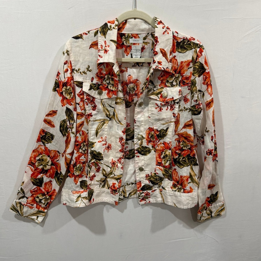 Joie Womens Medium 100% Linen Floral Print Button Front Jacket Orange Green